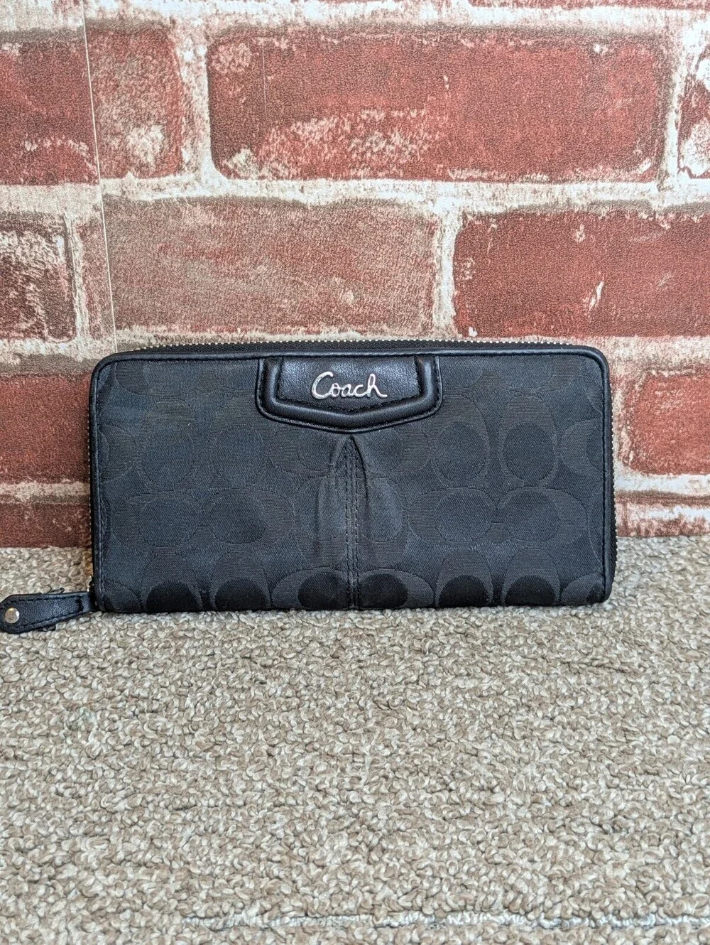 Coach Ashley Y2K Zip Around Accordion Wallet Black Signature C Canvas Clutch